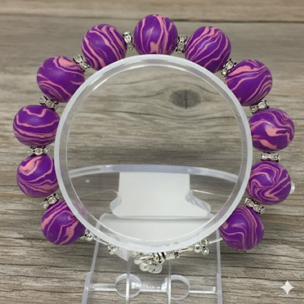 Unique Artisan Purple Marble-Look Beaded Bracelet with Rhinestone Spacers - Picture 3 of 11